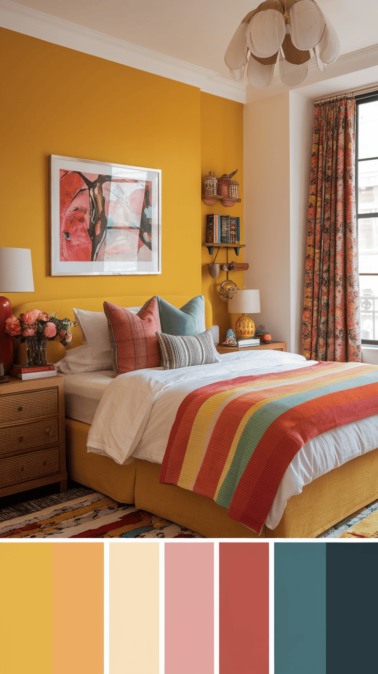 A cozy bedroom featuring a bright yellow accent wall, colorful bedding, and vibrant decor.