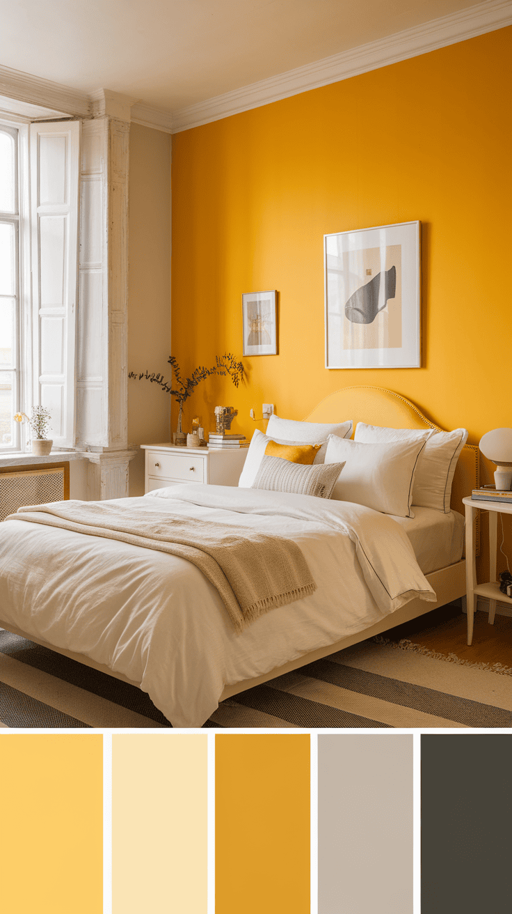 A bright yellow accent wall in a cozy bedroom, complemented by neutral bedding and decor.