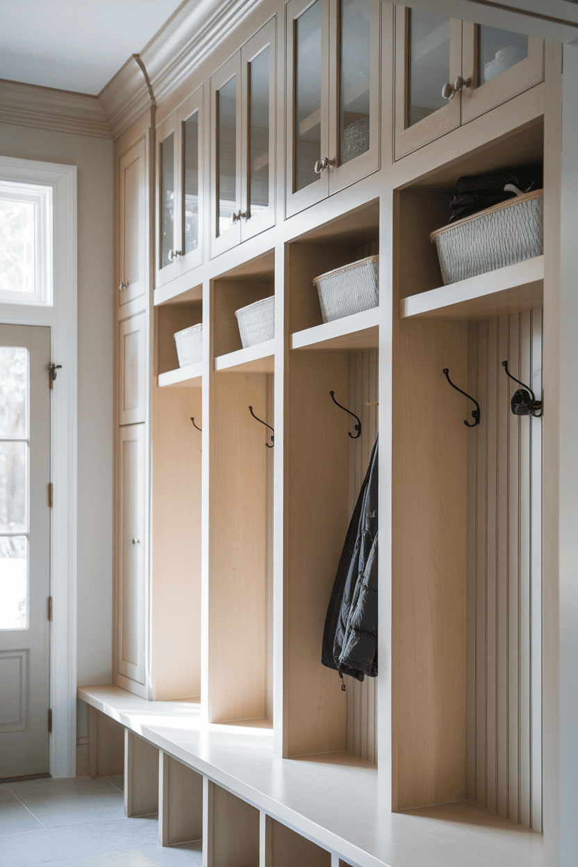 Tall mudroom cabinets with hooks and baskets for storage.