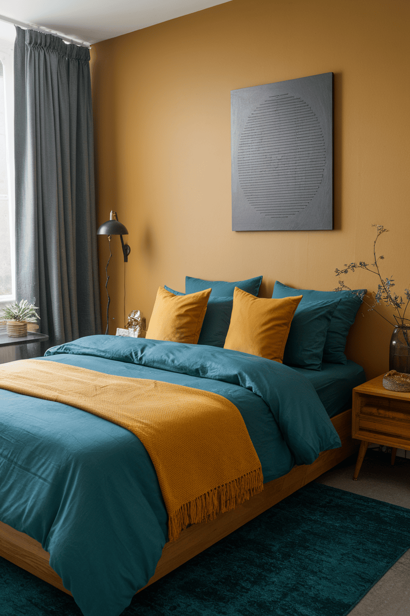 A cozy bedroom featuring teal bedding and mustard throw pillows on a wooden bed.