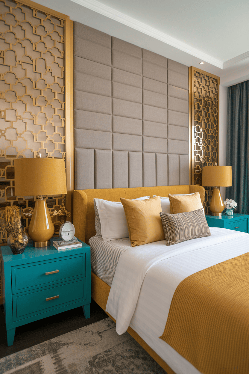 A cozy bedroom featuring teal nightstands and mustard decor accents.