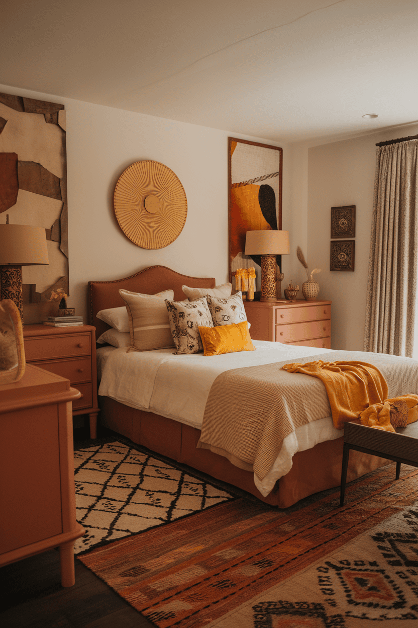 A cozy bedroom featuring terracotta-toned furniture, warm lighting, and decorative pillows.