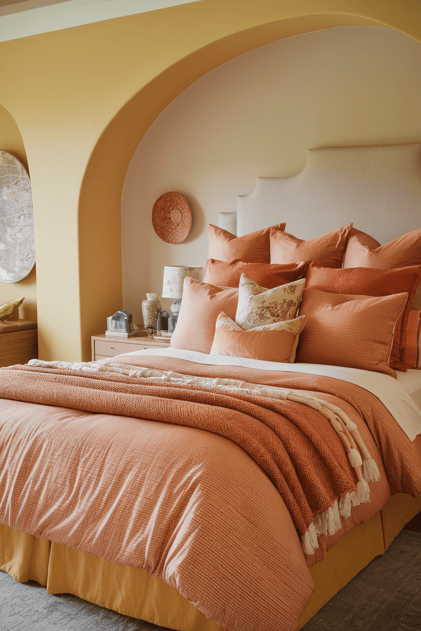 A cozy bedroom with terracotta-colored bedding and decorative pillows.