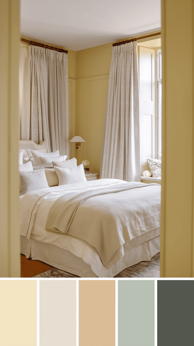 A serene bedroom with soft textiles and warm yellow tones.