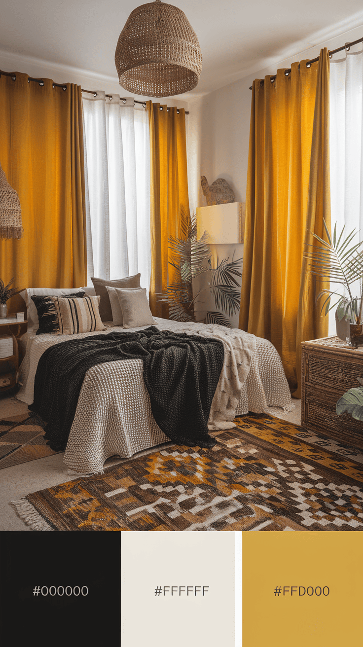 Cozy bedroom featuring black and white textured fabrics, warm colored curtains, and decorative pillows.