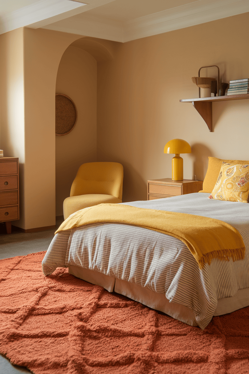 A cozy bedroom with a textured orange rug, yellow accents, and earthy tones.