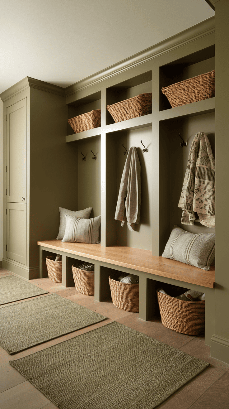 A cozy entryway with textured rugs and a minimalist design.