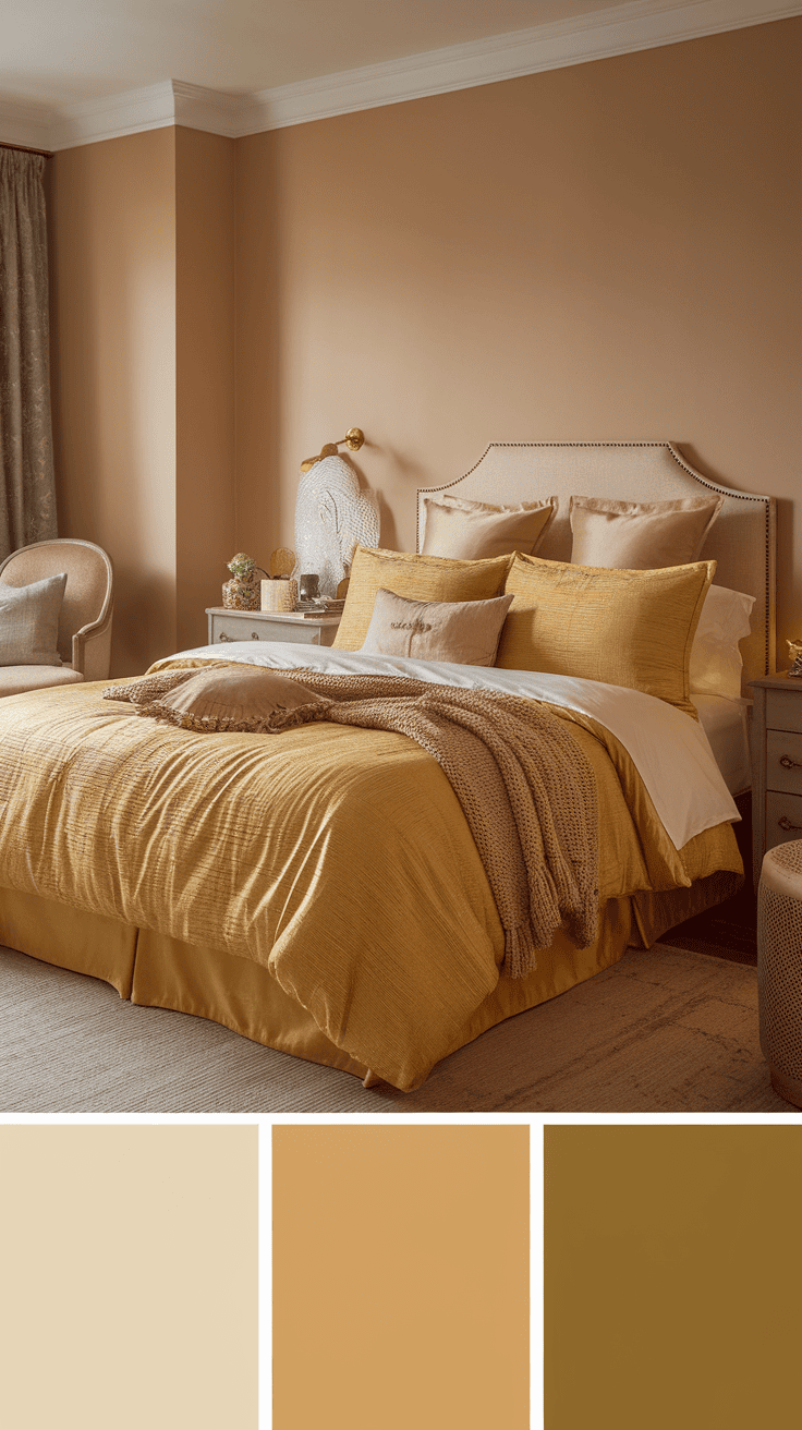 Cozy bedroom featuring textured yellow bedding with various cushions on a bed.