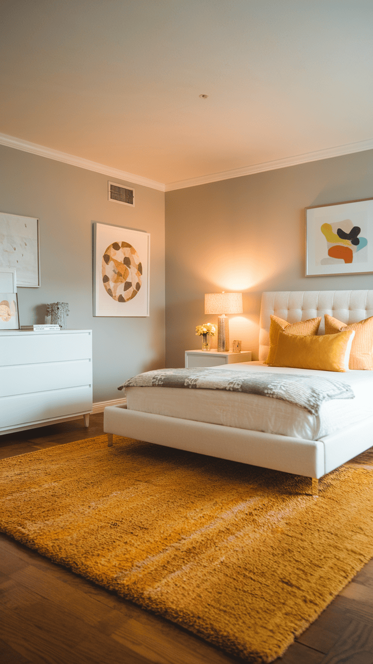 A cozy bedroom featuring a textured yellow rug, a comfortable bed with pillows, and stylish decor.