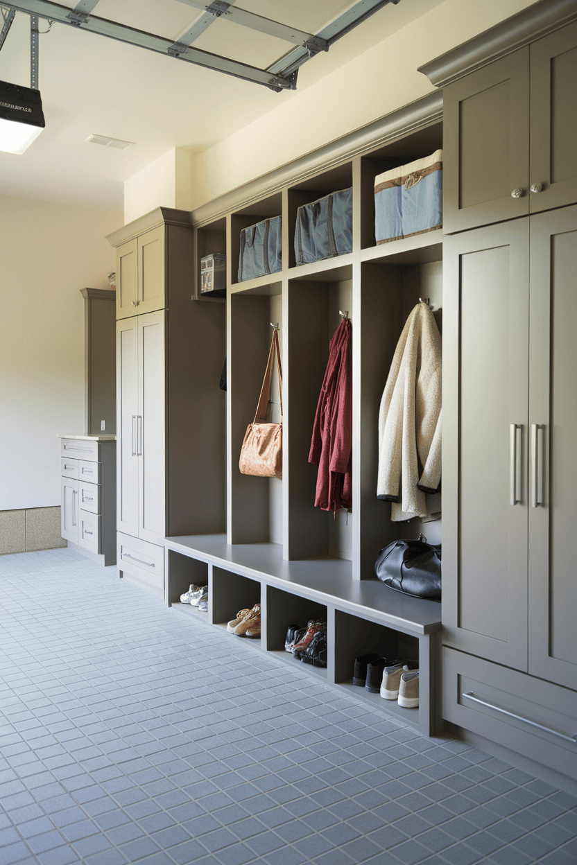 Organized garage mudroom with storage for shoes, bags, and clothing