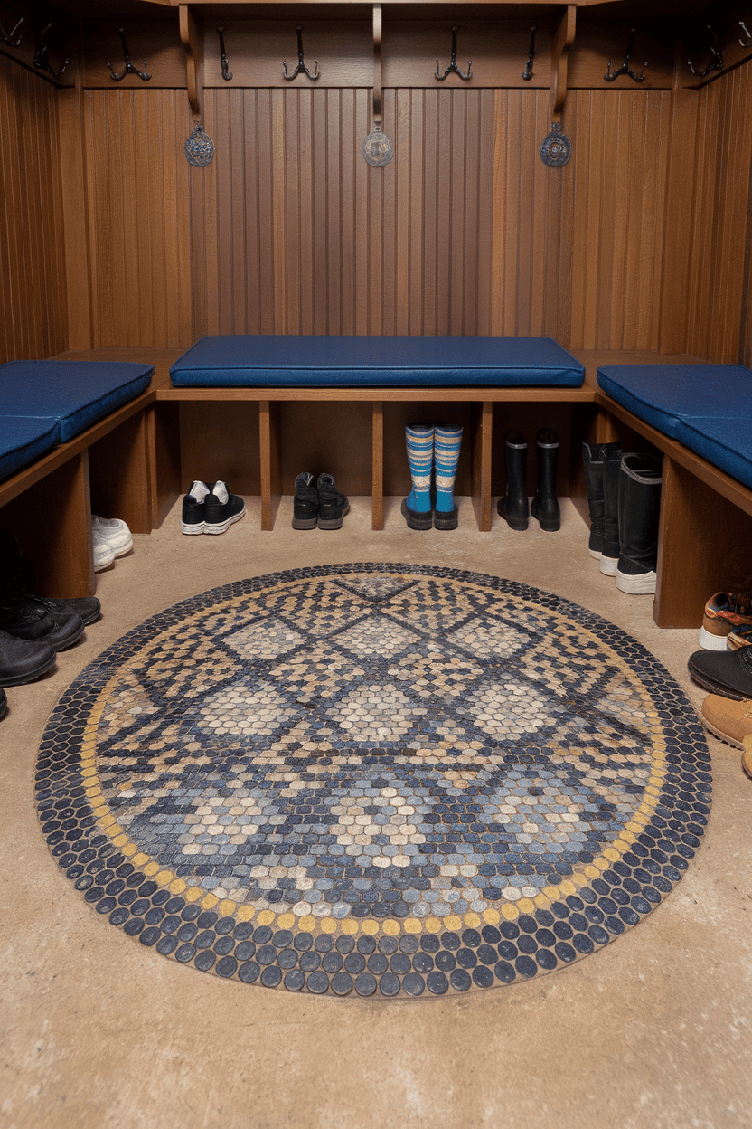 A cozy space with a circular penny tile rug, surrounded by wooden benches and hooks.