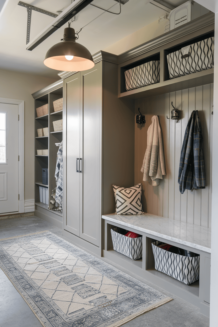 A well-organized and stylish garage mudroom with storage shelves, a bench, and decorative elements.