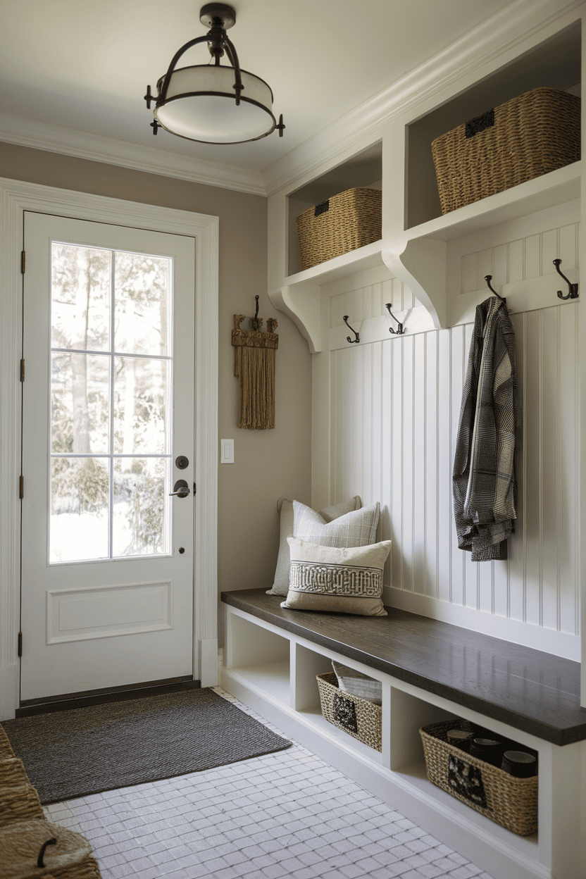 A transitional small mudroom with a bench, baskets, and hooks, featuring a welcoming light fixture and natural light from the door.