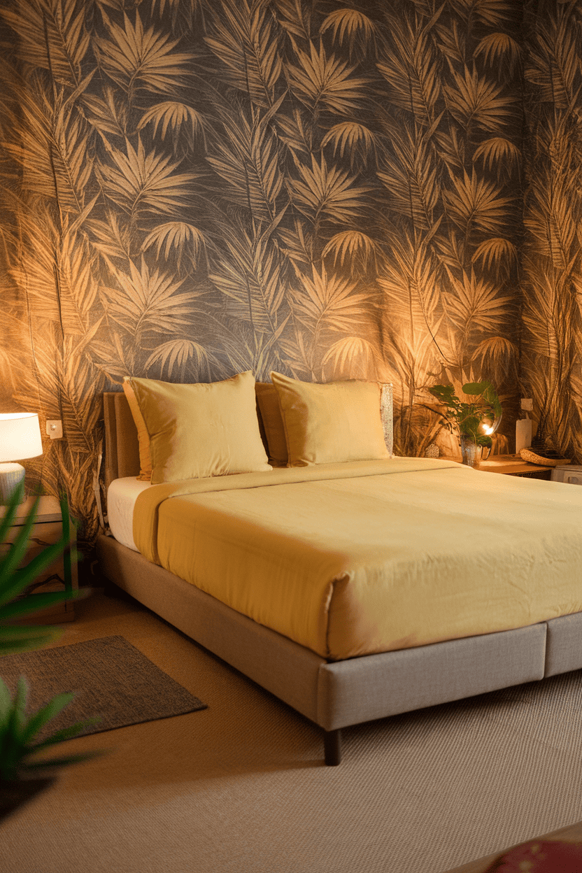 Cozy bedroom with yellow bedding and palm leaf wallpaper