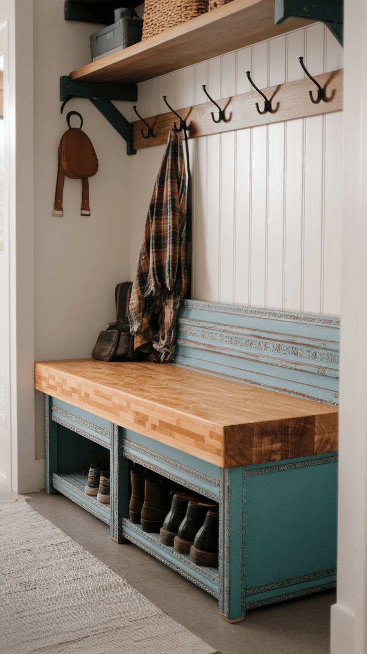 A two-tone butcher block bench with a painted base, showcasing a warm wood top and a vibrant blue base, perfect for entryways.