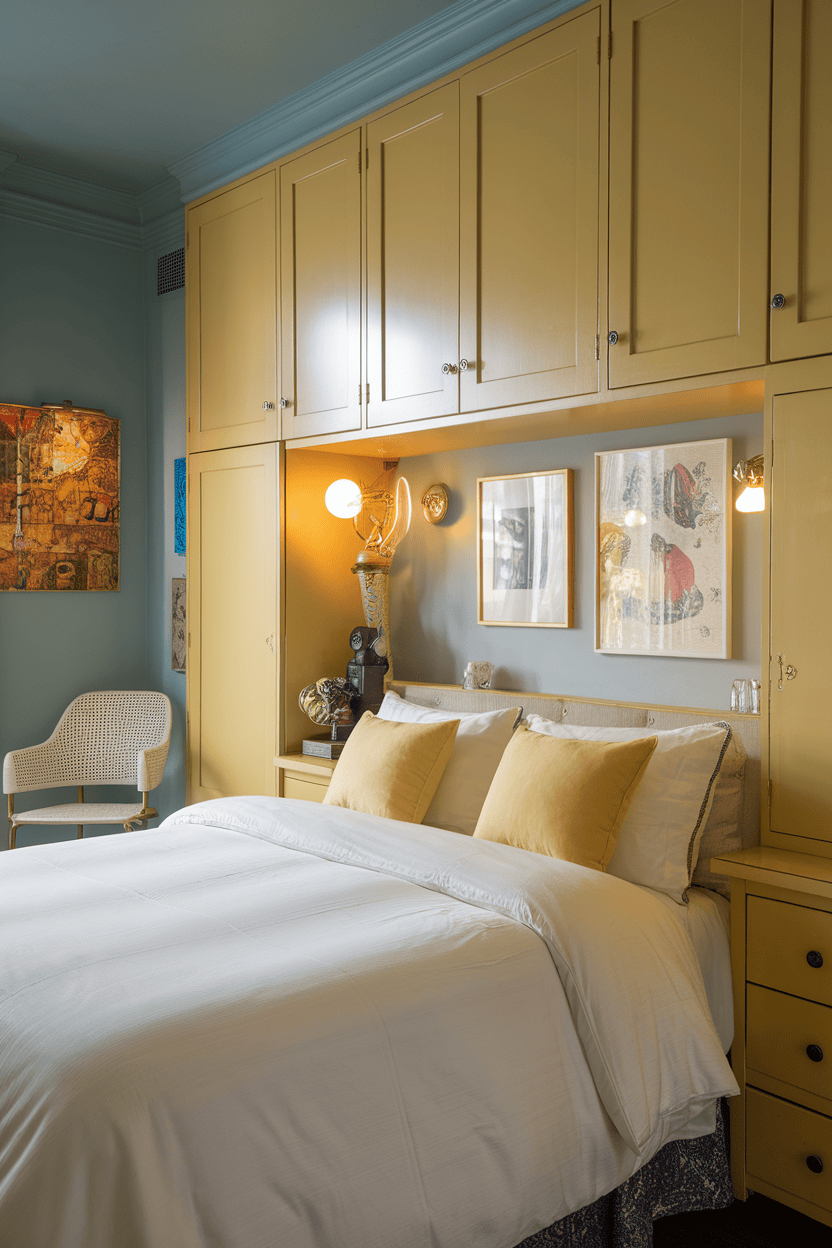 A cozy bedroom with yellow cabinetry and decor, creating a cheerful atmosphere.