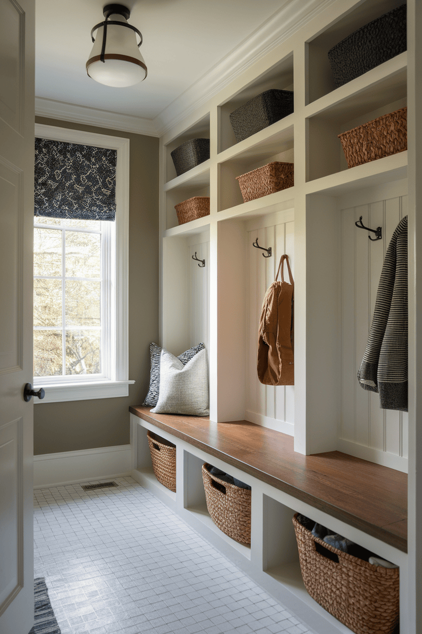 A narrow mudroom with built-in shelves, hooks, and a bench for storage.