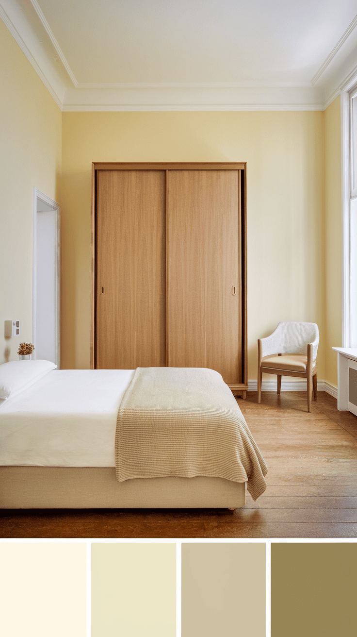 A cozy bedroom featuring light yellow walls, a wooden wardrobe, and a comfortable bed.