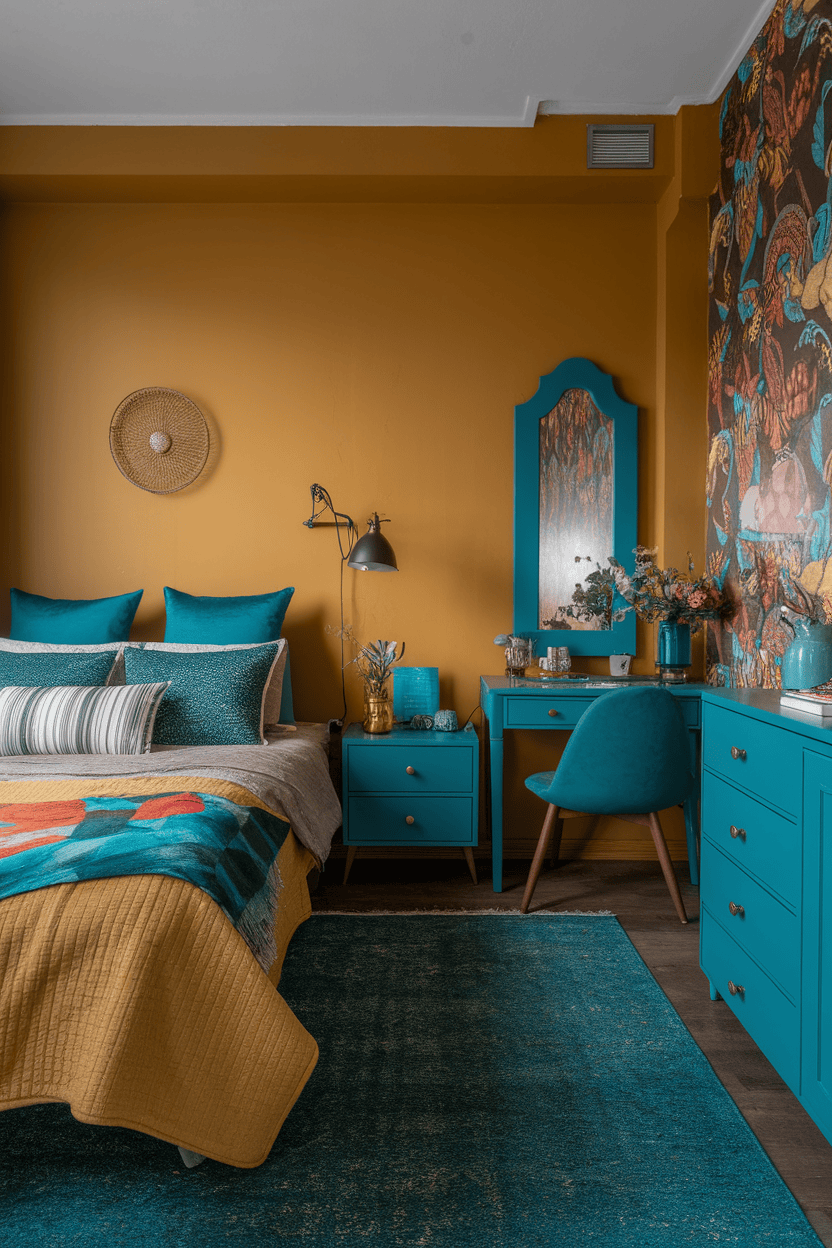 A cozy bedroom with a mustard yellow accent wall, teal furniture, and colorful bedding.