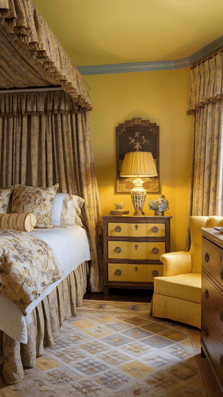 A vintage-inspired bedroom with yellow accents, featuring a bed with floral patterns, yellow walls, and a cozy chair.