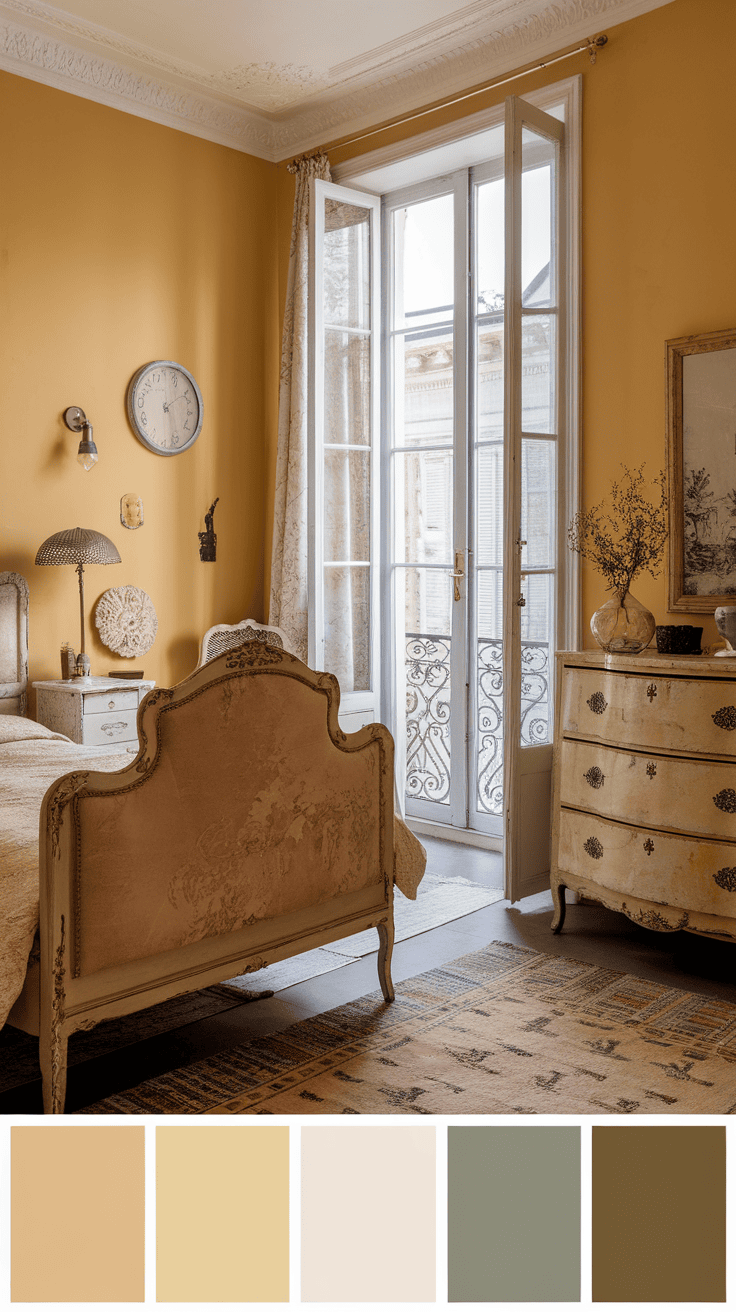 A vintage bedroom featuring shabby chic furniture with a warm color palette