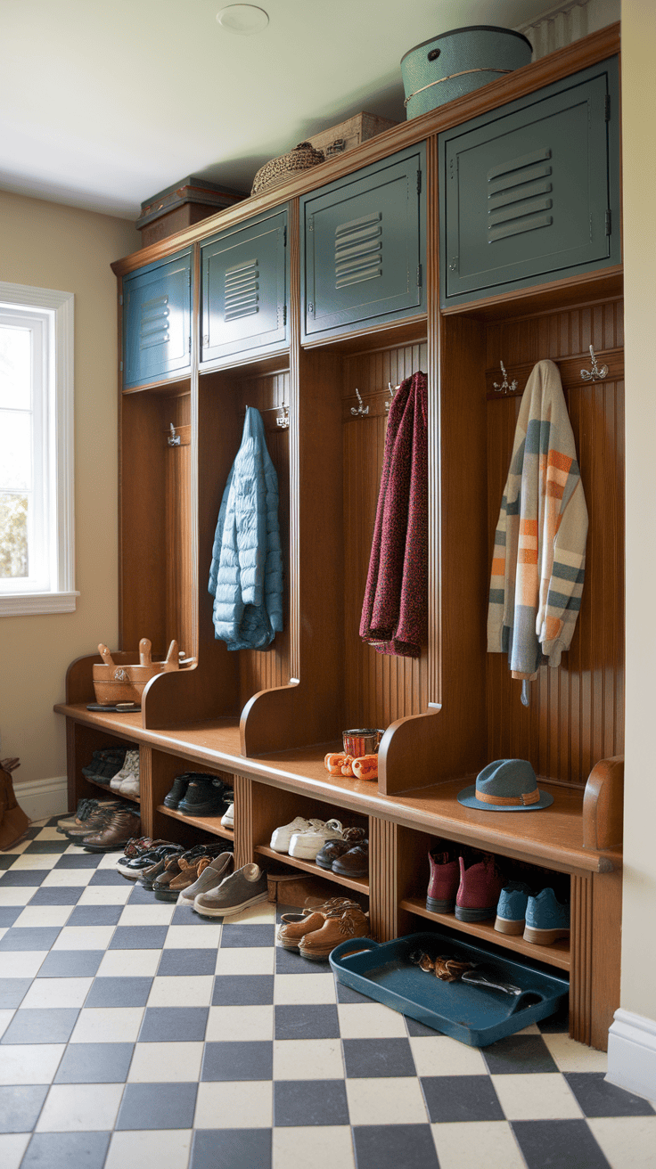 A vintage-style storage area with hooks for coats and shelves for shoes.