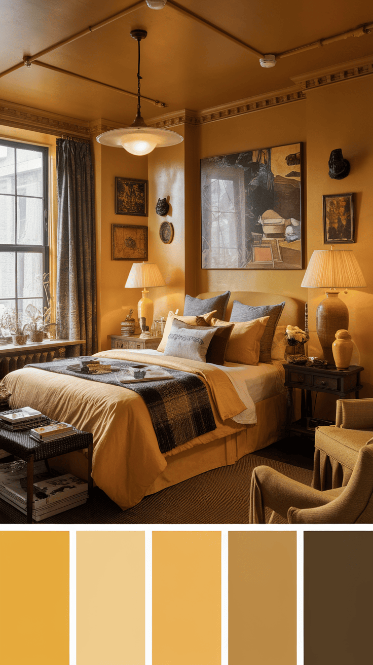 A cozy masculine yellow bedroom featuring vintage yellow accessories.