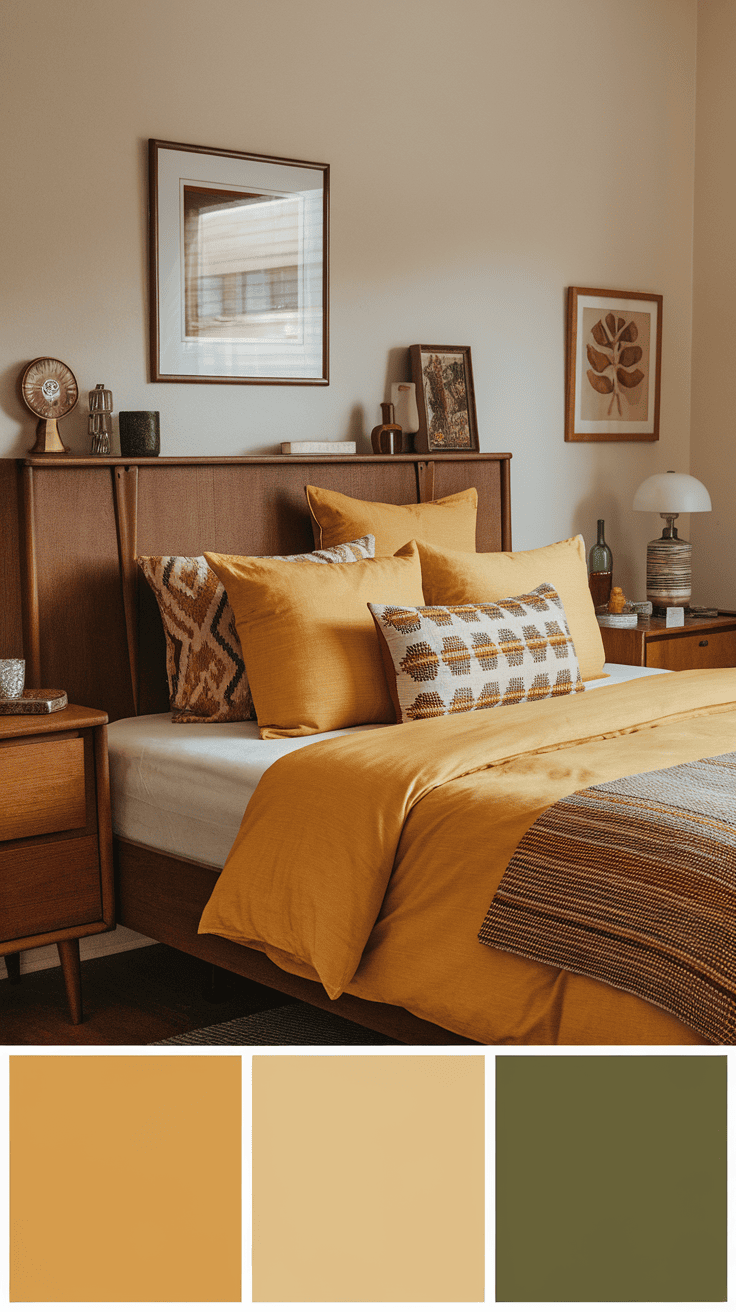 A well-decorated bedroom featuring yellow mid century bedding with decorative pillows and wooden furniture.