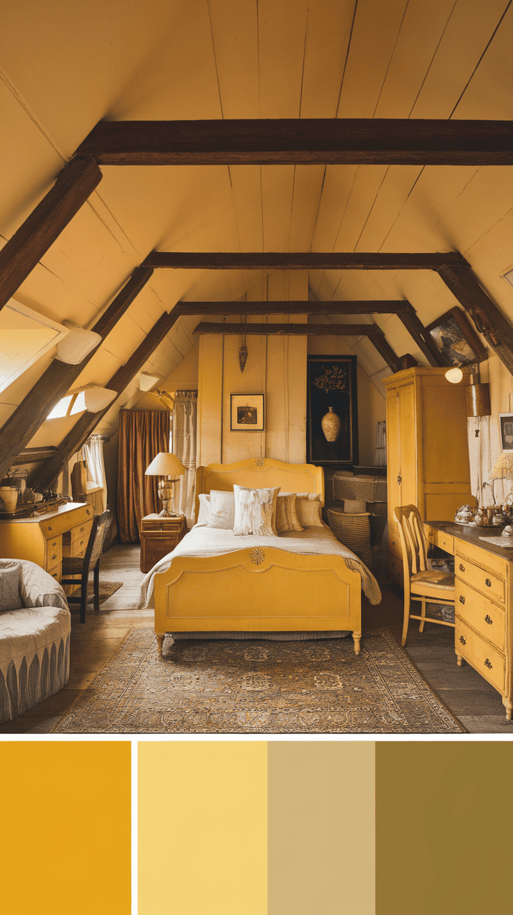 Cozy attic bedroom with vintage yellow furnishings.