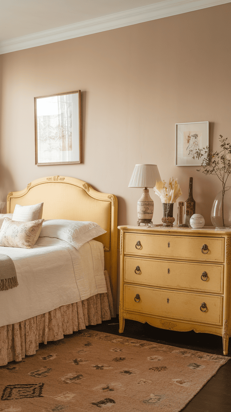 A cozy bedroom featuring vintage yellow furniture, including a bed with a yellow headboard and a matching dresser.