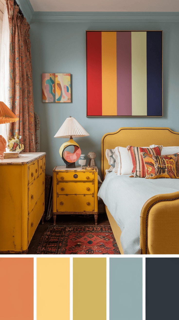 A vintage yellow eclectic bedroom featuring yellow furniture, colorful artwork, and patterned curtains.