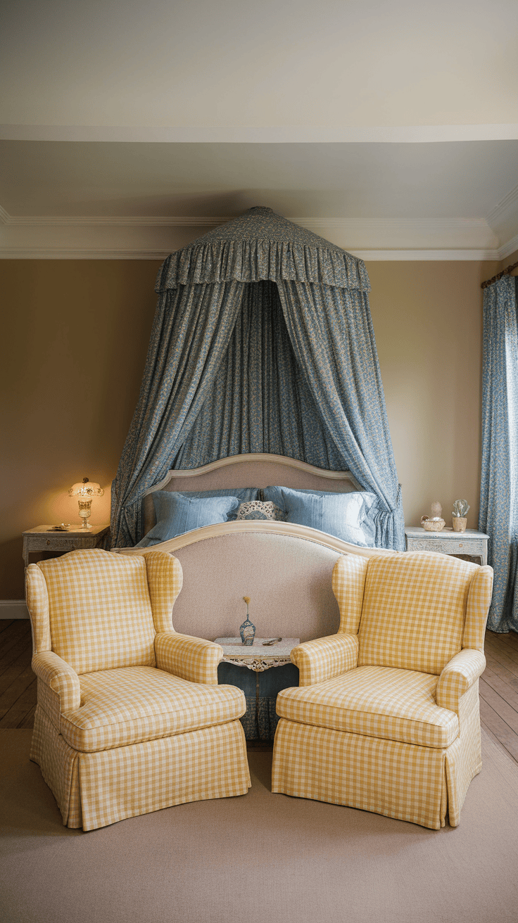 Two vintage yellow gingham chairs in a cozy bedroom setting.