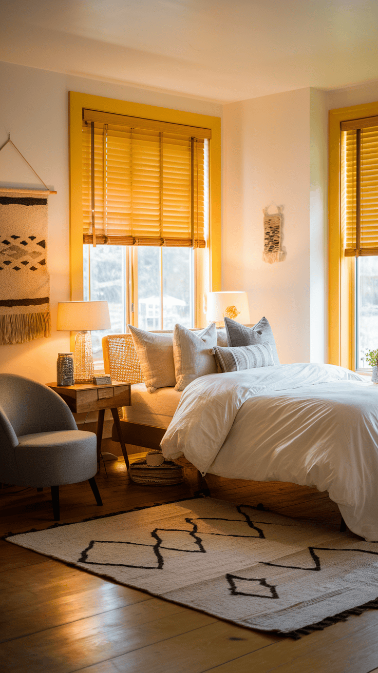 Cozy bedroom featuring yellow blinds and soft lighting.