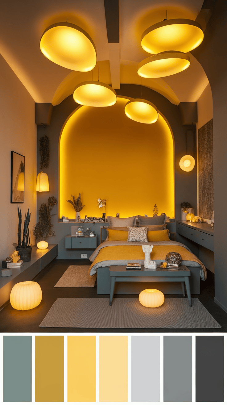 A cozy bedroom with warm yellow lighting fixtures creating a comforting atmosphere.