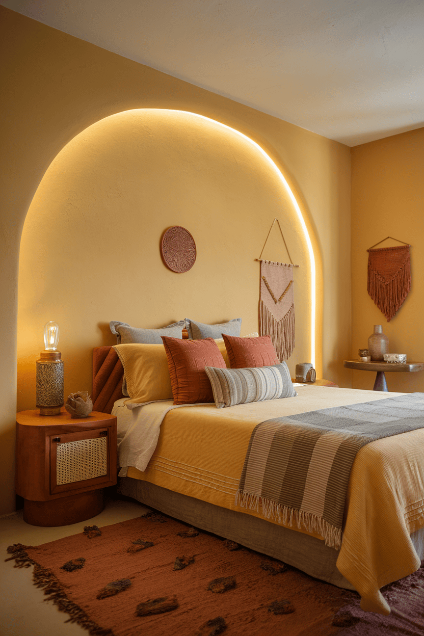 A cozy bedroom featuring warm yellow accent walls with a stylish bed and decorative elements.