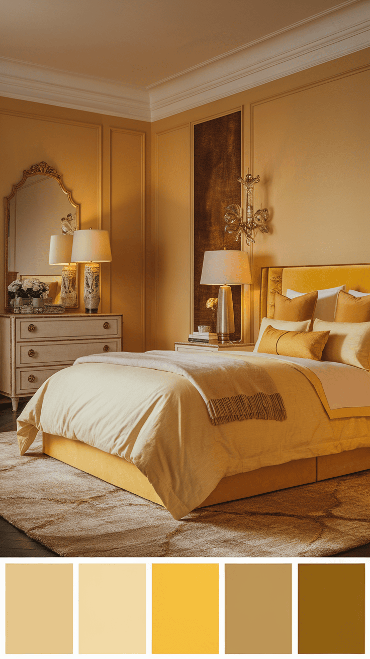 Cozy bedroom with warm yellow accents and a soft rug