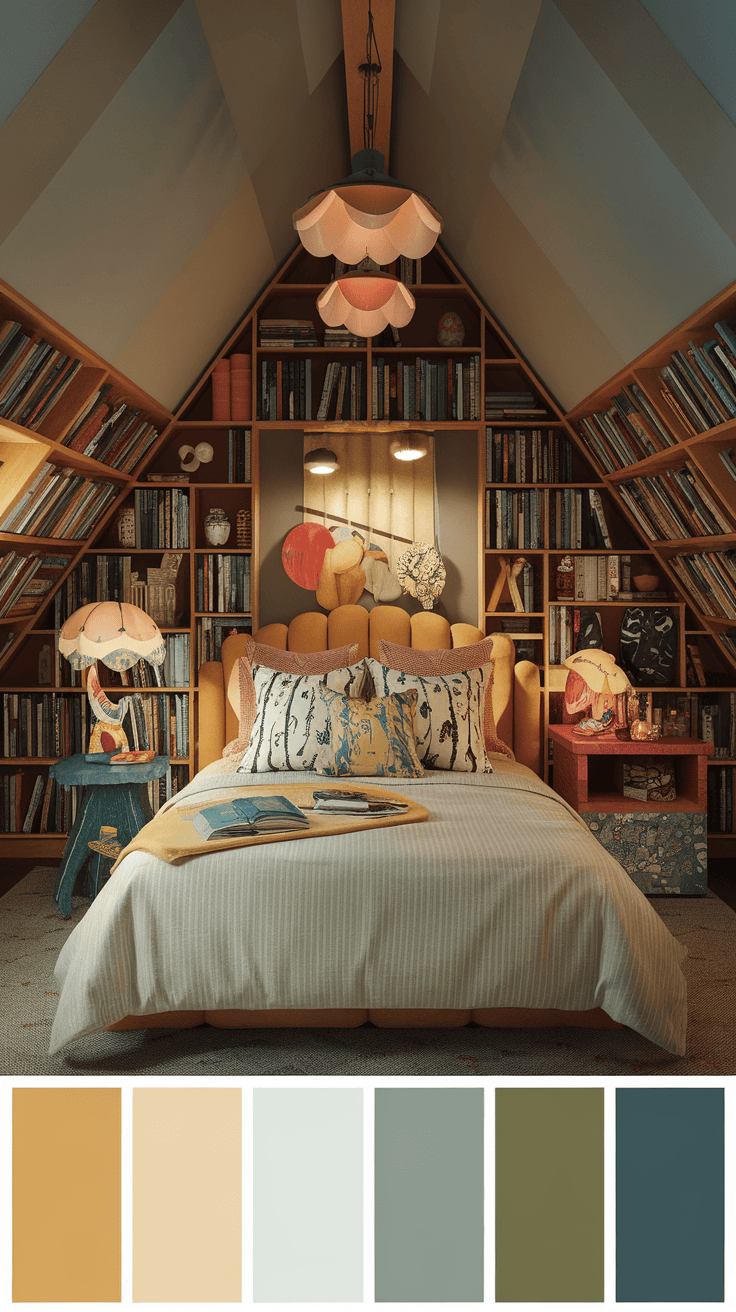 A whimsical yellow attic bedroom featuring colorful lamps, bookshelves, and unique decor.