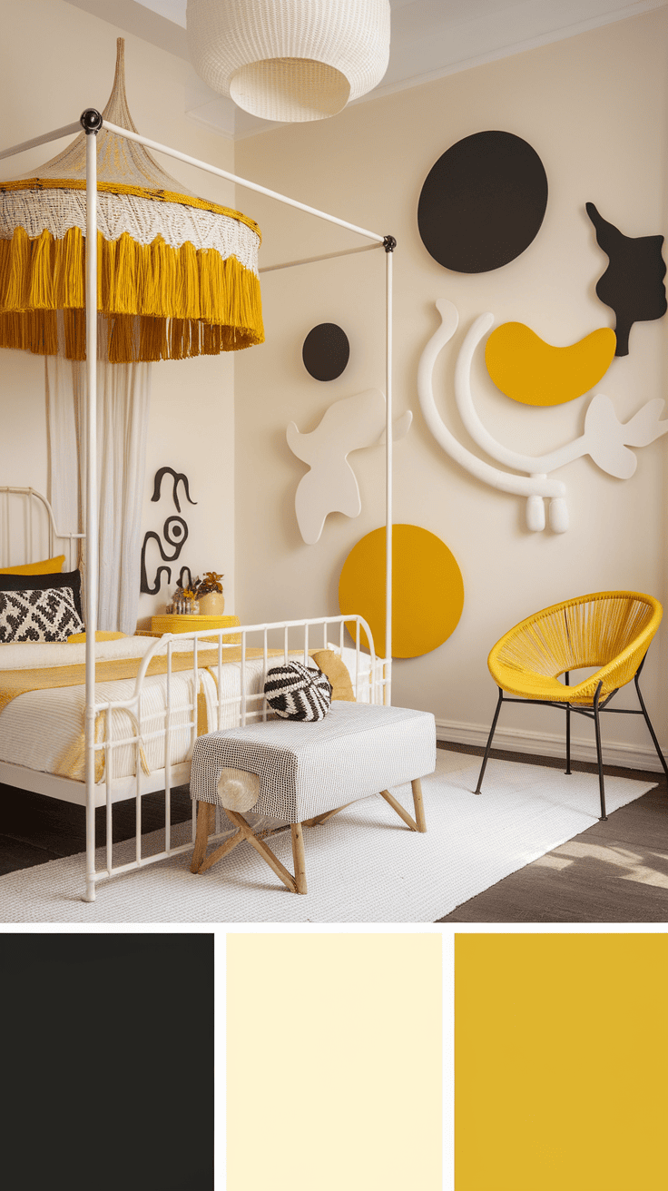 A stylish bedroom featuring whimsical wall art in black, white, and yellow.