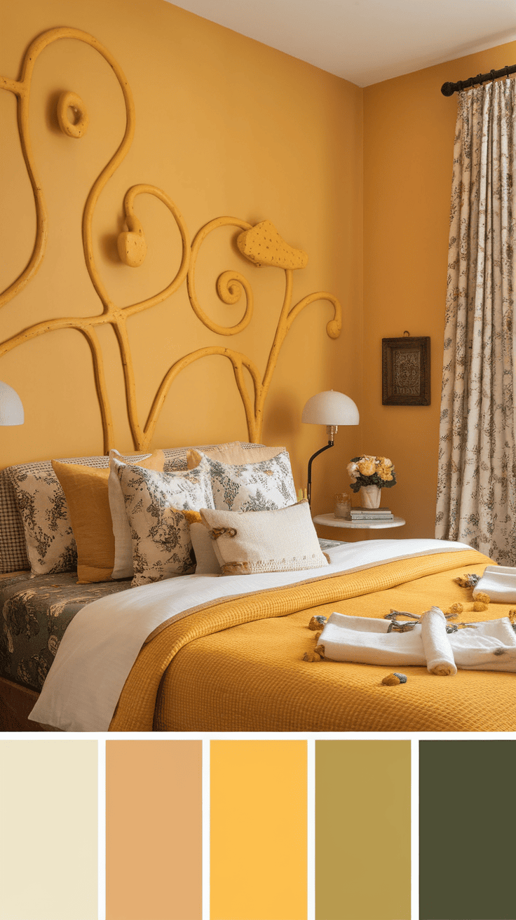 A cozy bedroom with whimsical yellow wall art, featuring a yellow wall and decorative pillows.