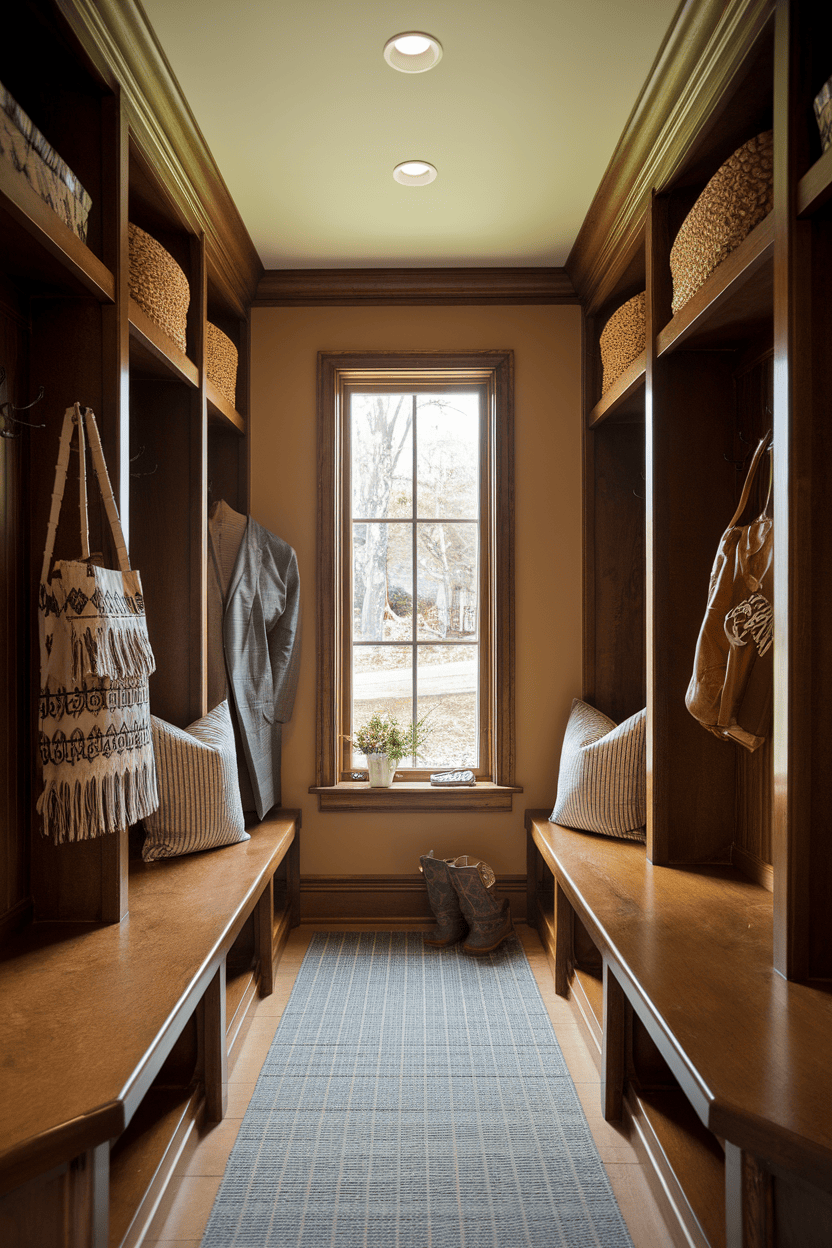 A warm narrow mudroom featuring wooden shelving, benches, and natural light from a window.