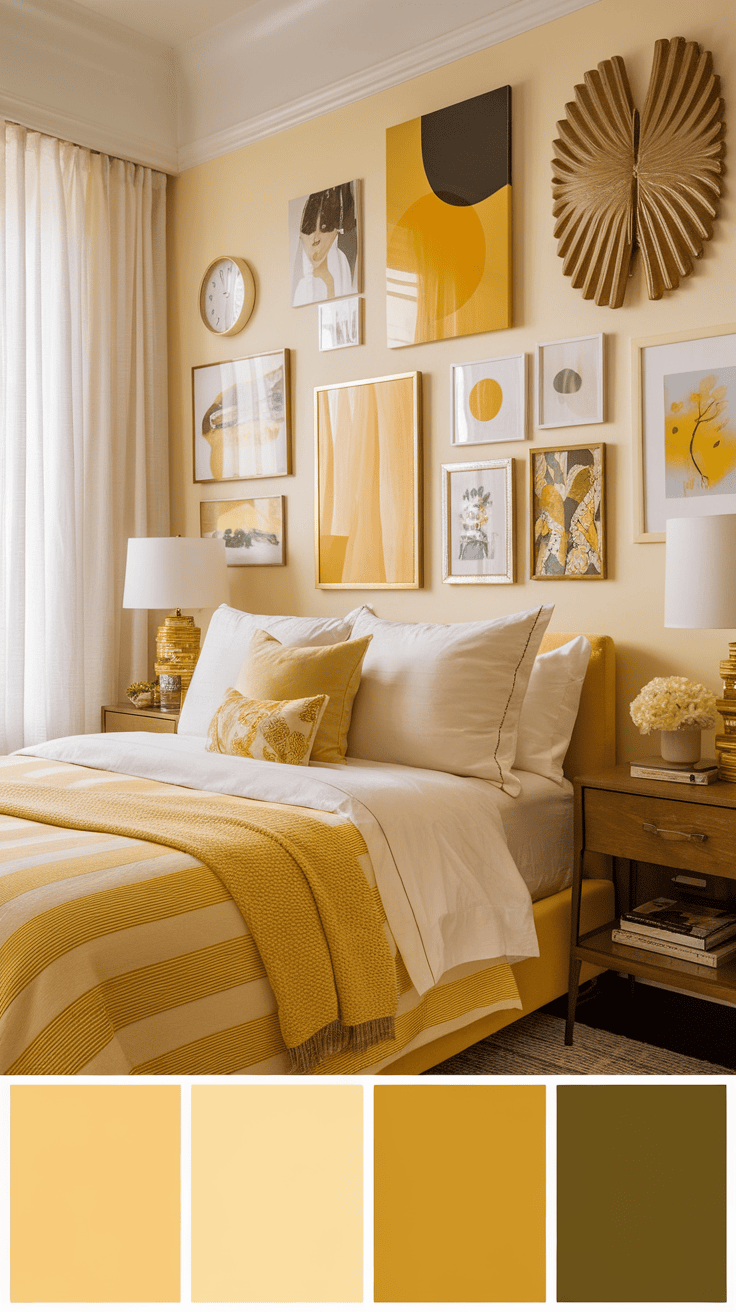 A cozy bedroom featuring a yellow-themed gallery wall with various art pieces and yellow accents.