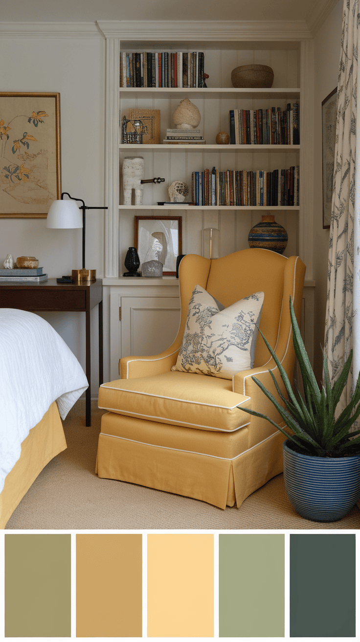 A yellow accent chair with chinoiserie touches in a cozy bedroom setting.