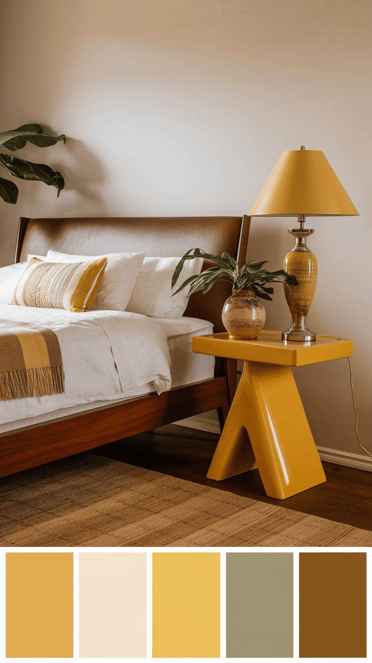 A stylish yellow side table next to a bed in a mid-century bedroom setting.