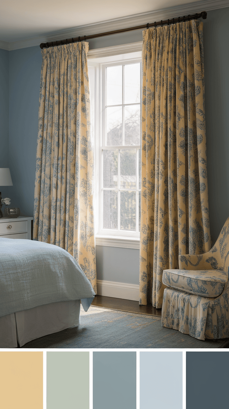 A yellow chinoiserie curtain design in a bedroom with a blue wall and light bedding