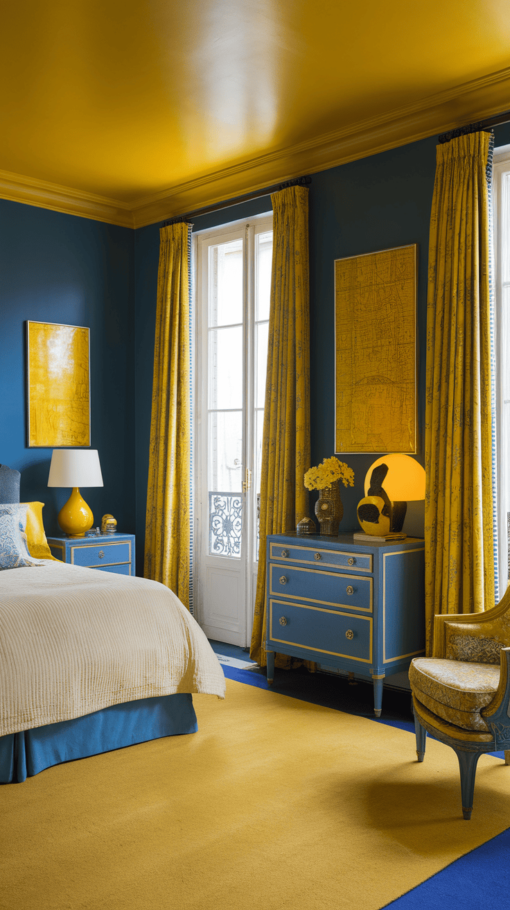 A bright yellow and blue bedroom with matching curtains and decor.