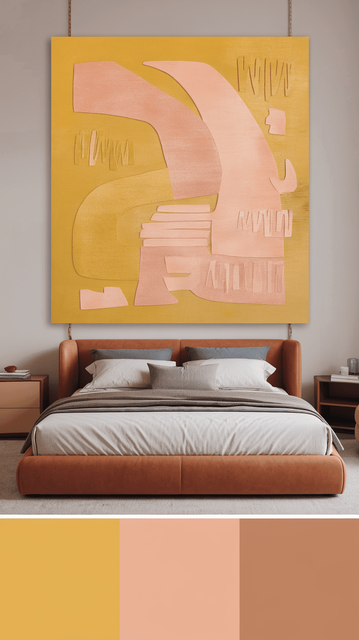 A large artwork featuring shades of yellow and blush displayed above a cozy bed in a stylish bedroom.