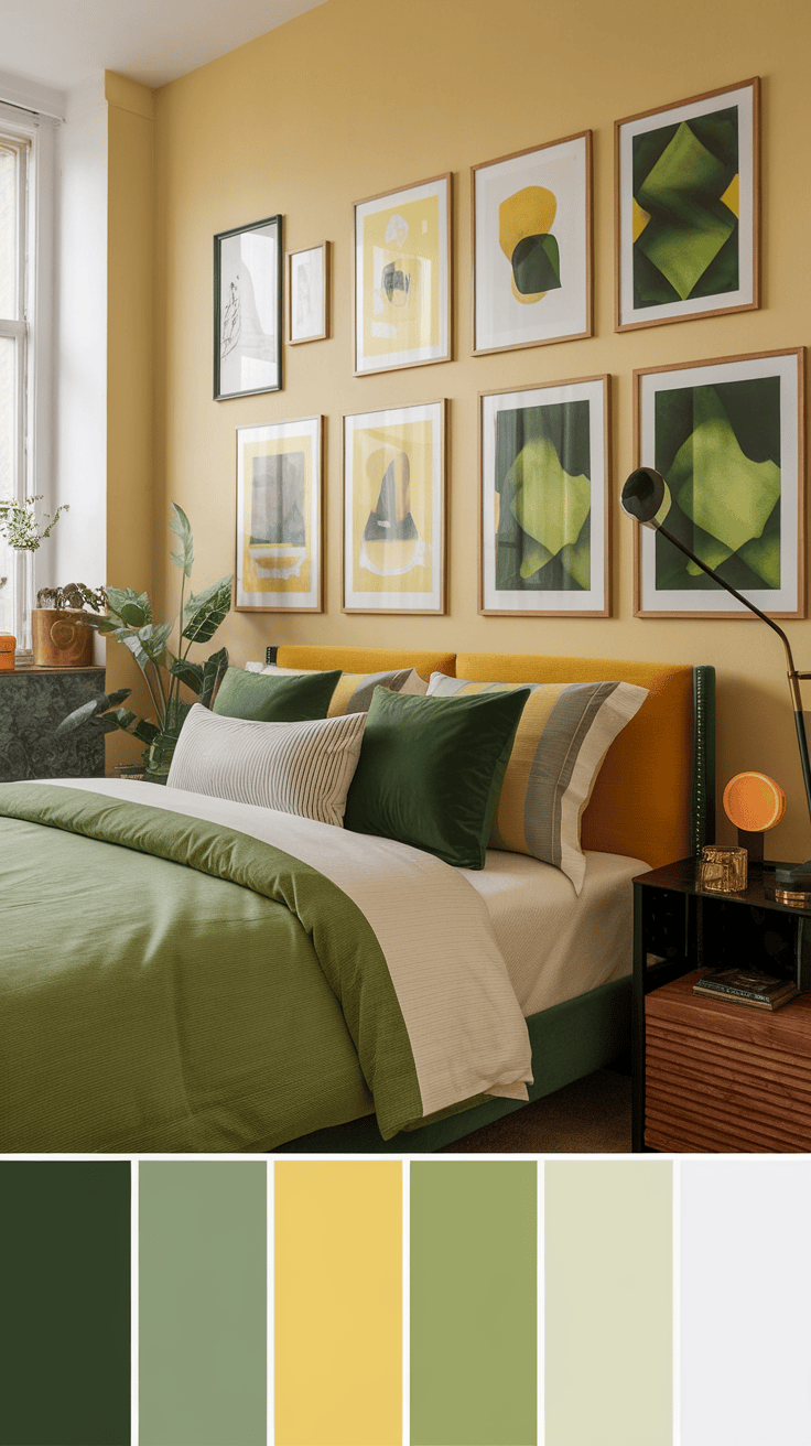 A bright yellow and emerald themed bedroom with framed artwork on the walls.