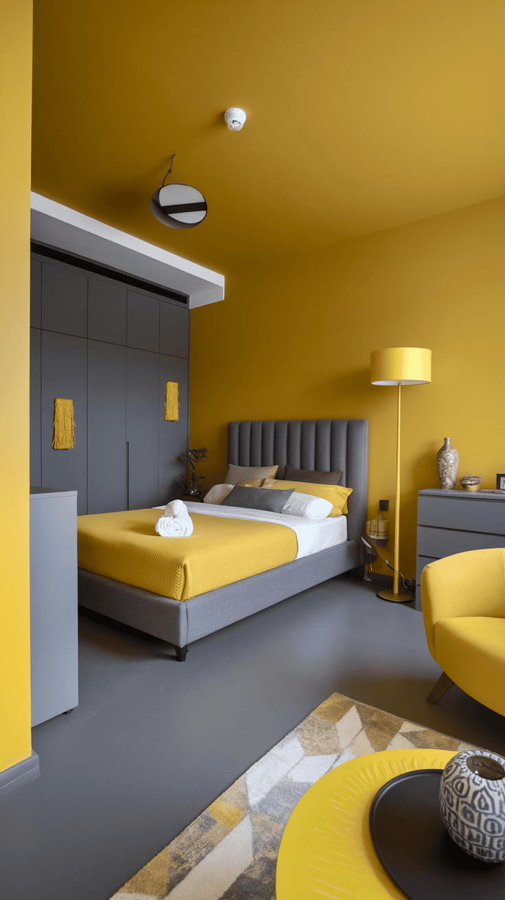 A modern masculine bedroom featuring a yellow and gray color palette with a bed, lamp, and decor.