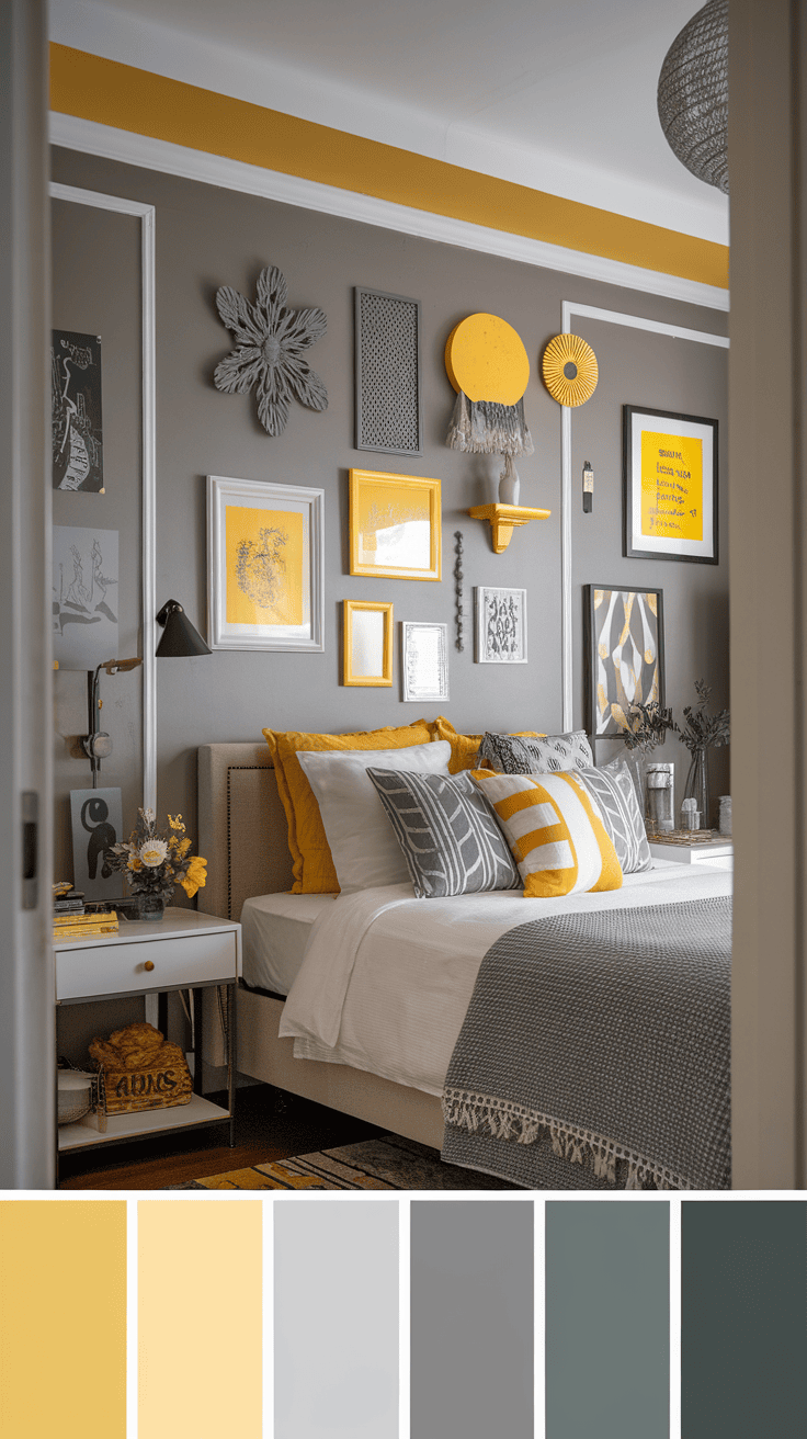 A cozy bedroom featuring yellow and gray wall decor with various art pieces and pillows.