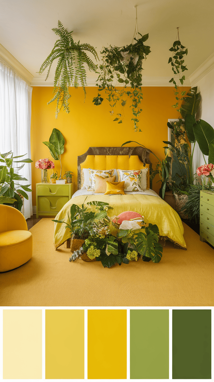 Bright yellow bedroom with green plants and a cozy atmosphere